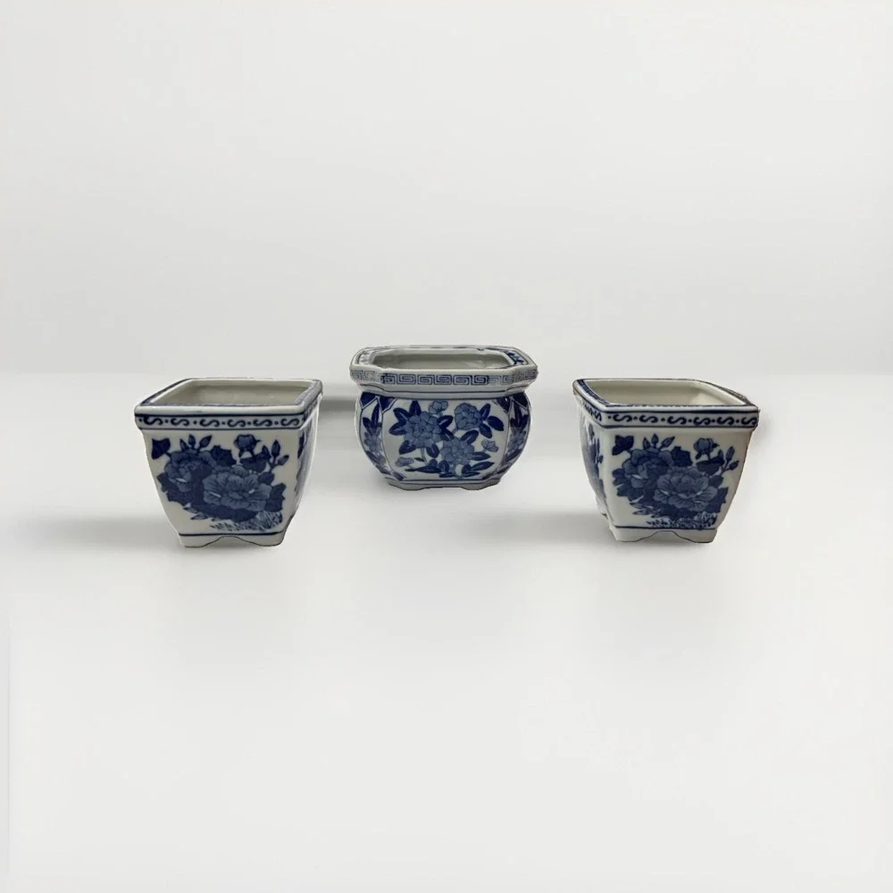 Vintage ASIAN ORIENTAL Blue White Porcelain Bonsai Planter Bowl Floral Set of 3